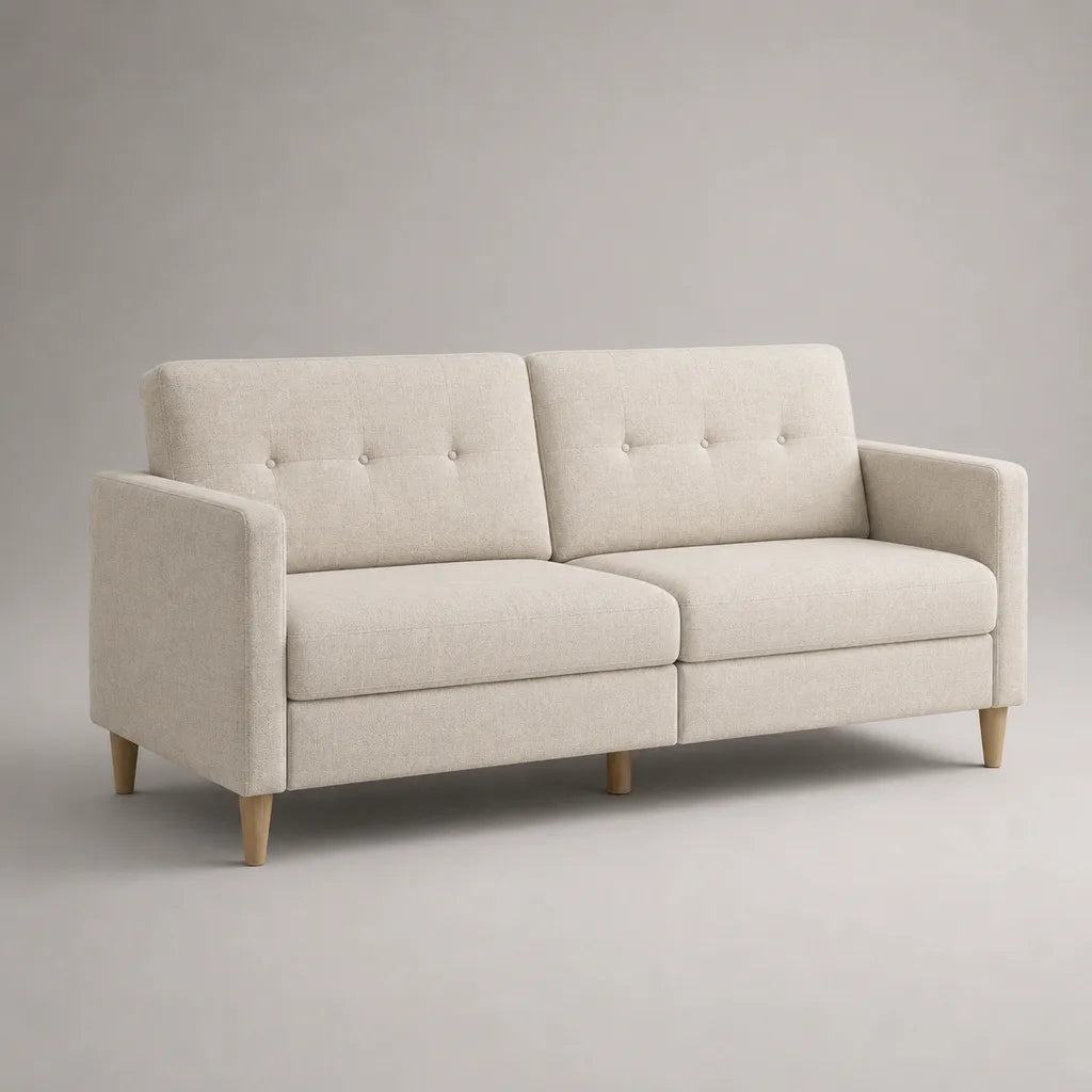 Canapé droit 2 places en tissu beige clair avec pieds en bois, 160 × 82 × 85 cm