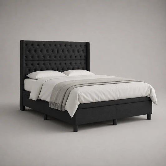 Lit double rembourré noir avec tête de lit capitonnée, couchage 160 x 200 cm, dimensions 214 x 174 x 130 cm