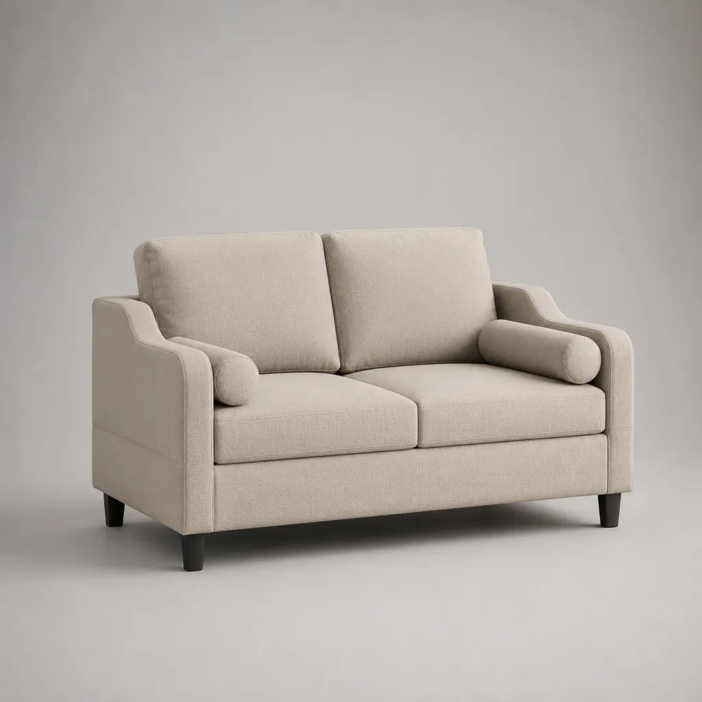 Canapé droit 2 places en polyester beige avec pieds noirs, 155 × 85 × 88 cm