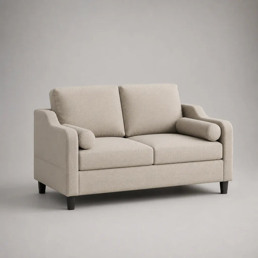 Canapé droit 2 places en polyester beige avec pieds noirs, 155 × 85 × 88 cm