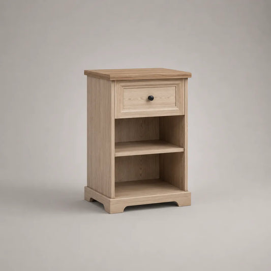 Table de chevet rectangulaire en MDF plaqué chêne avec 1 tiroir et 2 niches, chêne clair et noir, 45 × 35 × 65 cm