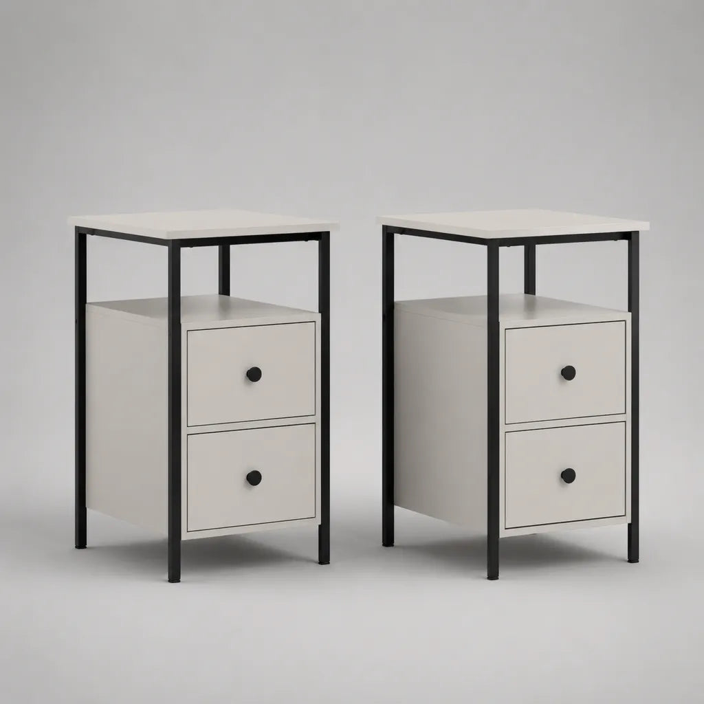 Lot de 2 tables de chevet rectangulaires en acier et MDF, 2 tiroirs, blanc et noir, 40 × 35 × 70 cm
