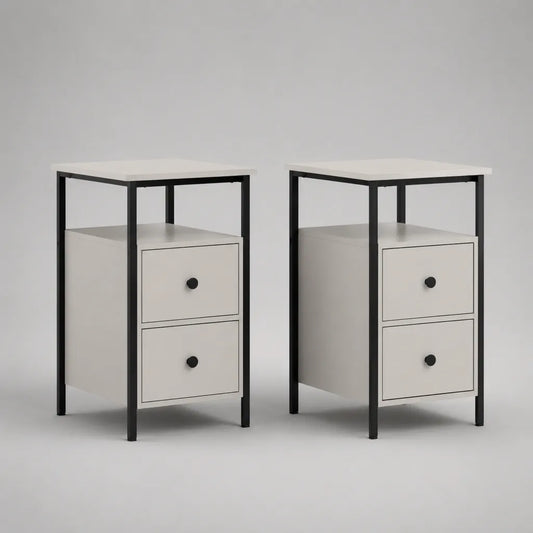 Lot de 2 tables de chevet rectangulaires en acier et MDF, 2 tiroirs, blanc et noir, 40 × 35 × 70 cm