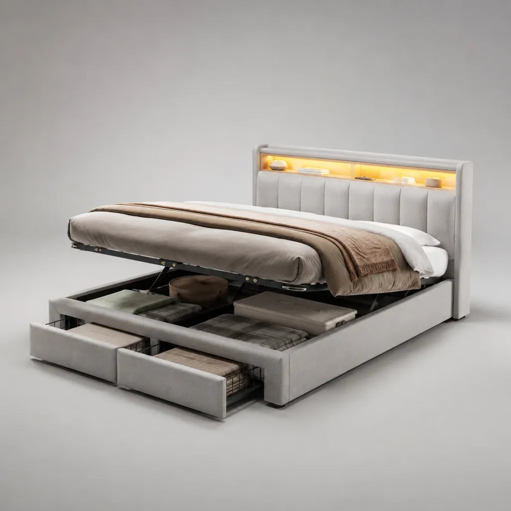 Lit coffre double en tissu gris clair 160 x 200 cm, sommier relevable, 2 tiroirs et tête de lit avec éclairage LED, 180 x 220 x 120 cm