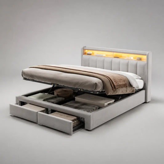 Lit coffre double en tissu gris clair 160 x 200 cm, sommier relevable, 2 tiroirs et tête de lit avec éclairage LED, 180 x 220 x 120 cm