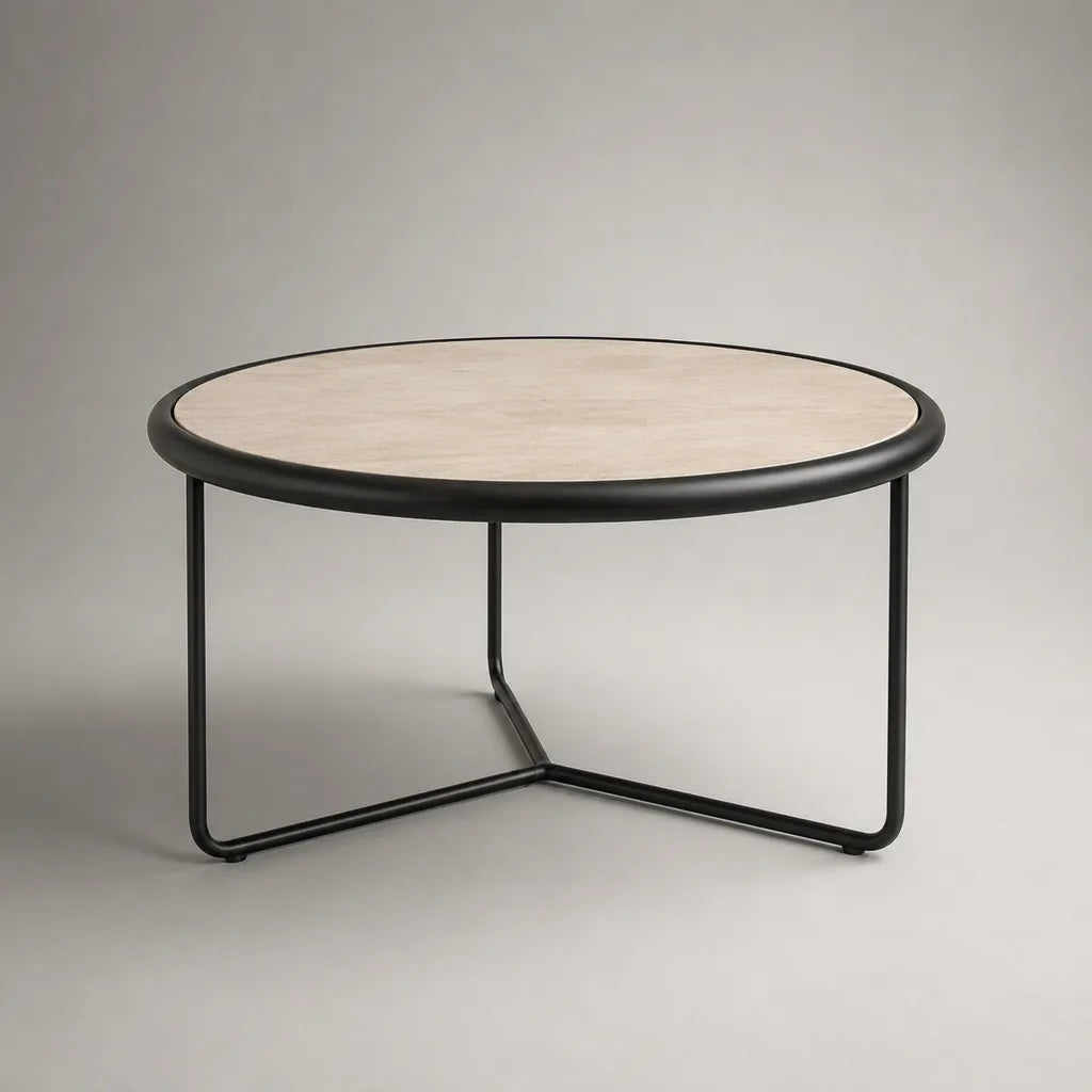 Table basse ronde beige et noire Ø 80 × H 40 cm, plateau MDF mélaminé effet travertin et piètement en acier