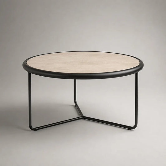 Table basse ronde beige et noire Ø 80 × H 40 cm, plateau MDF mélaminé effet travertin et piètement en acier
