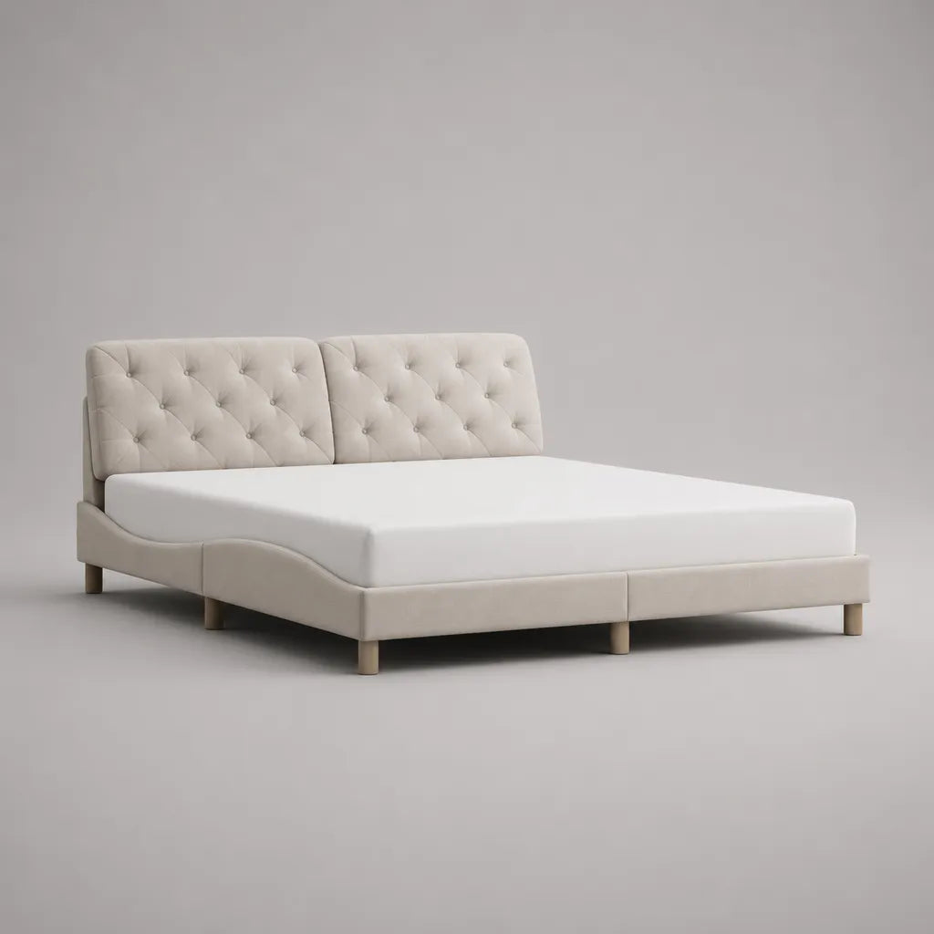 Lit double capitonné en velours beige avec sommier à lattes, couchage 180 × 200 cm, dimensions 194 × 218 × 103 cm