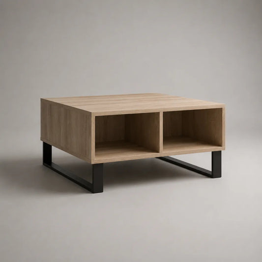 Table basse carrée avec rangement en panneaux de particules mélaminés et acier, chêne clair et noir, 80 x 80 x 40 cm