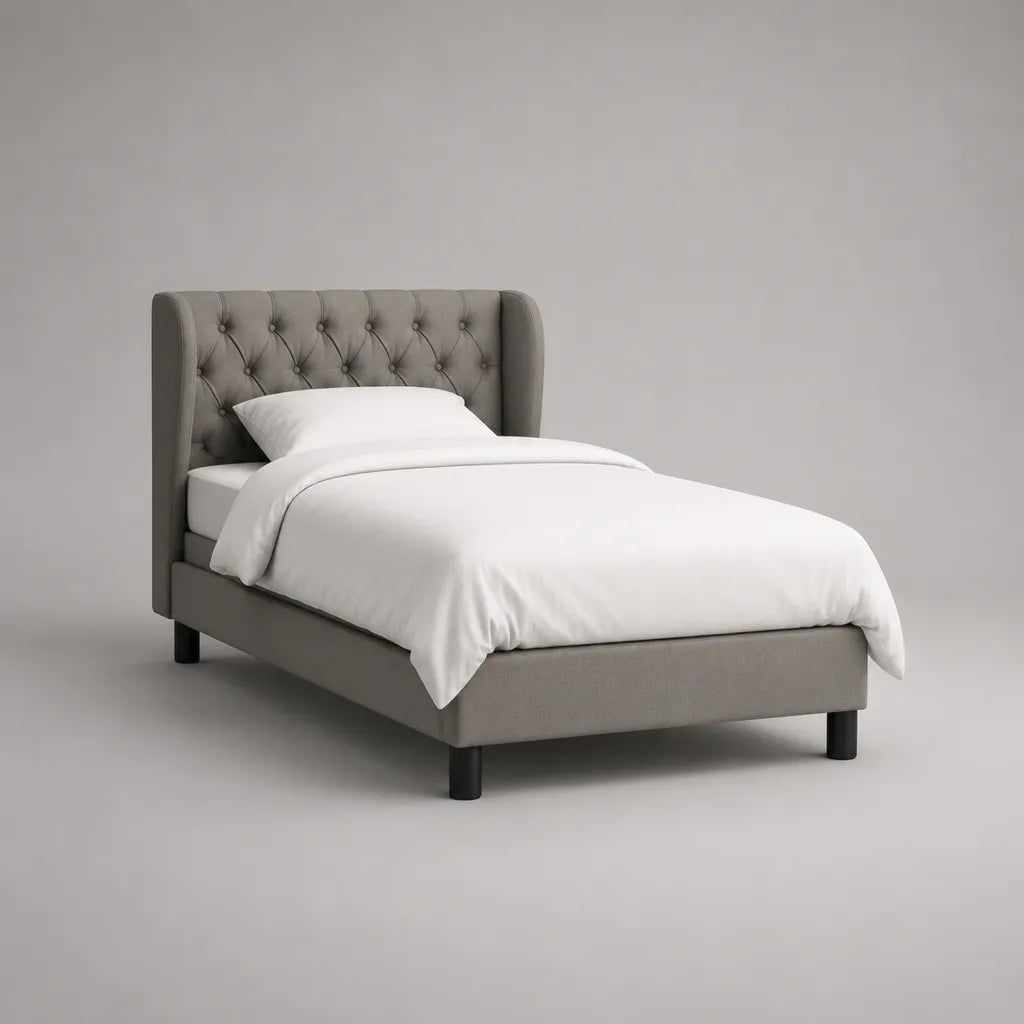 Cadre de lit simple rembourré en polyester gris avec tête de lit capitonnée, couchage 90 × 190 cm, dimensions 105 × 205 × 115 cm