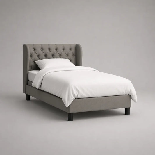 Cadre de lit simple rembourré en polyester gris avec tête de lit capitonnée, couchage 90 × 190 cm, dimensions 105 × 205 × 115 cm
