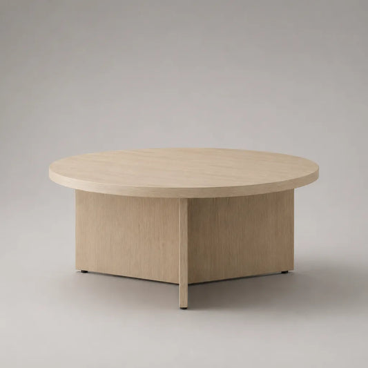 Table basse ronde en MDF plaqué chêne clair avec piètement central, Ø 80 × H 40 cm