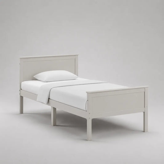 Lit simple 90 × 190 cm en bois et MDF blanc avec tête de lit, pied de lit et sommier à lattes