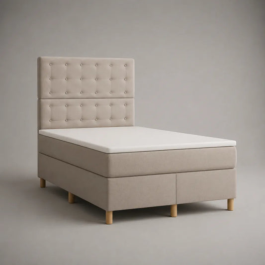 Lit boxspring double en velours polyester beige avec tête de lit, matelas et surmatelas, couchage 140 × 200 cm