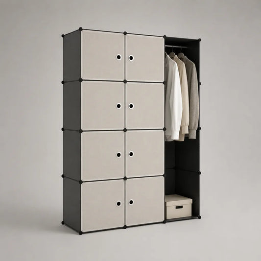 Armoire penderie modulable rectangulaire en polypropylène et acier, 8 portes avec tringle, blanc et noir, 110 × 47 × 145 cm