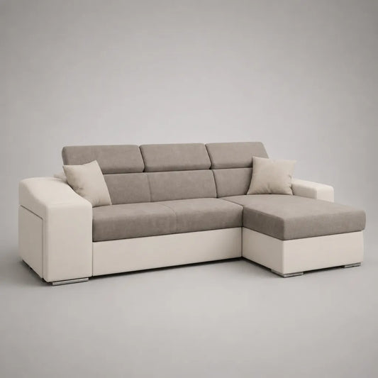 Canapé d’angle droit 3 places en tissu et similicuir taupe et blanc cassé, 238 × 155 × 91 cm