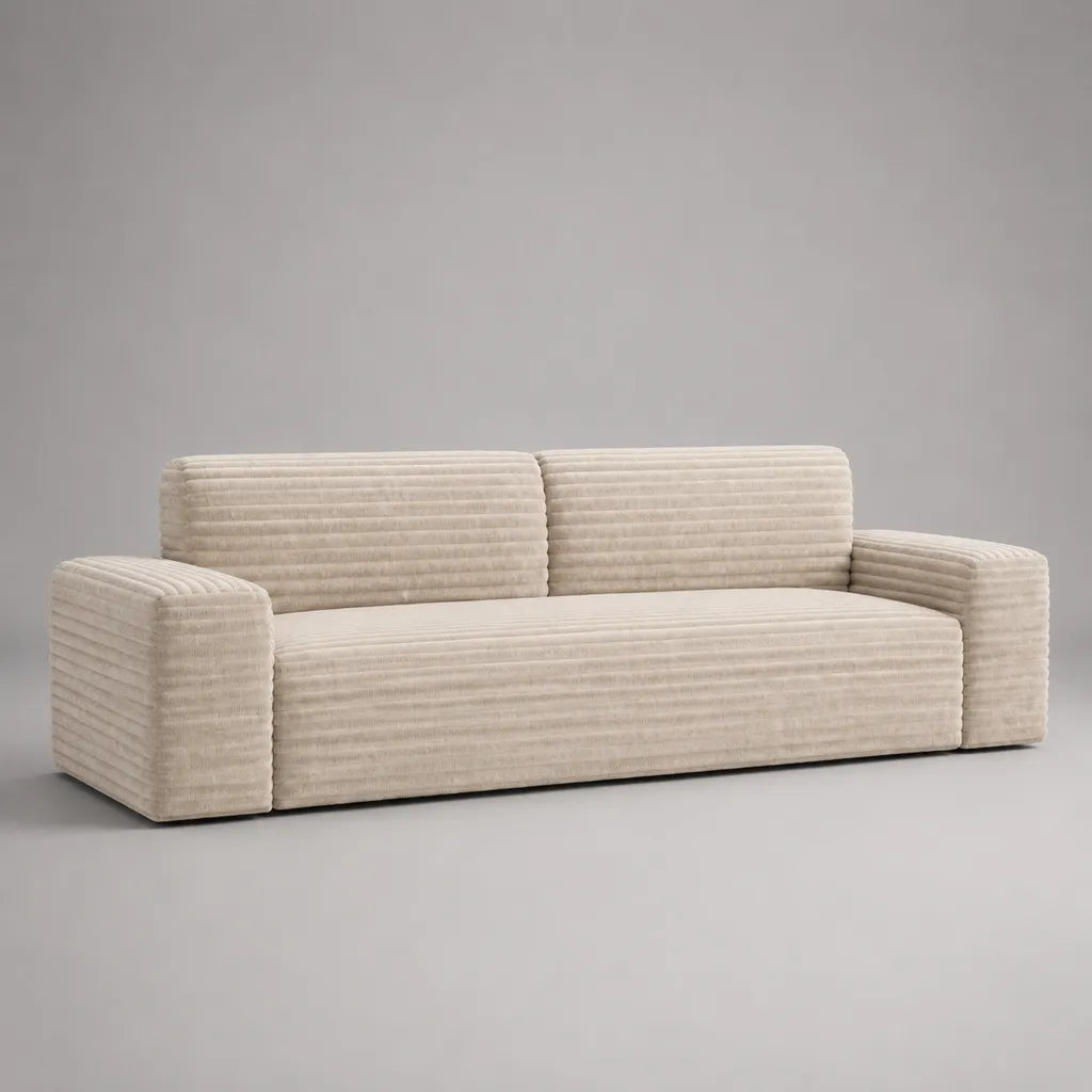 Canapé droit 3 places en velours côtelé polyester crème, 220 x 95 x 80 cm