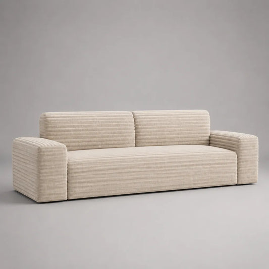 Canapé droit 3 places en velours côtelé polyester crème, 220 x 95 x 80 cm