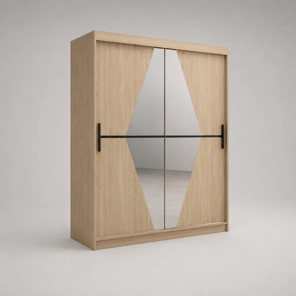 Armoire penderie rectangulaire à 2 portes coulissantes en panneaux de particules mélaminés avec miroirs, chêne clair et noir, 180 × 60 × 220 cm