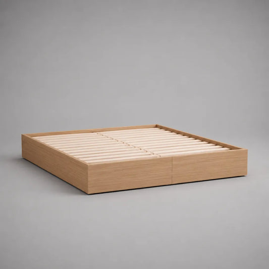 Lit plateforme 2 places en bois avec 2 tiroirs et sommier à lattes, chêne naturel, couchage 160 × 200 cm