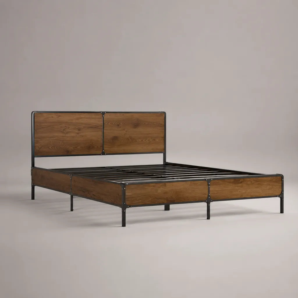 Lit double 160 × 200 cm avec sommier, cadre en acier noir et panneaux en bois marron