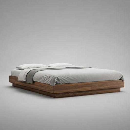 Lit plateforme en MDF plaqué bois brun noyer, couchage 160 × 200 cm, dimensions 220 × 180 × 35 cm