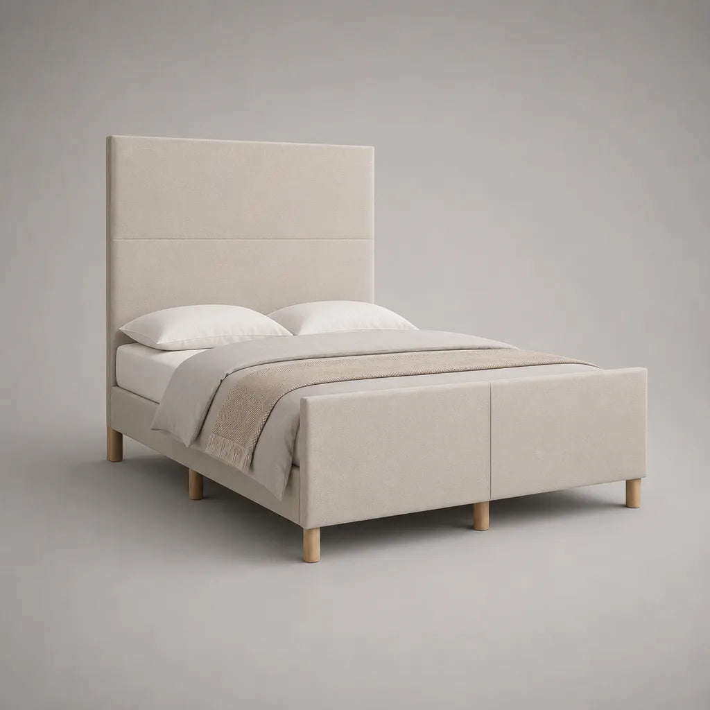 Lit double rembourré en polyester beige avec tête de lit rectangulaire, couchage 160 × 200 cm