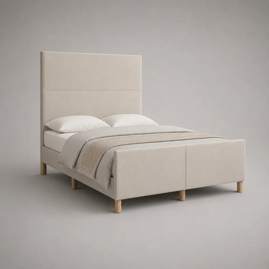 Lit double rembourré en polyester beige avec tête de lit rectangulaire, couchage 160 × 200 cm